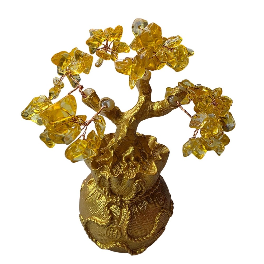 Feng Shui Citrine Money Tree Gold Wealth Pouch Base Good Luck‎ Prosperity 6" F2
